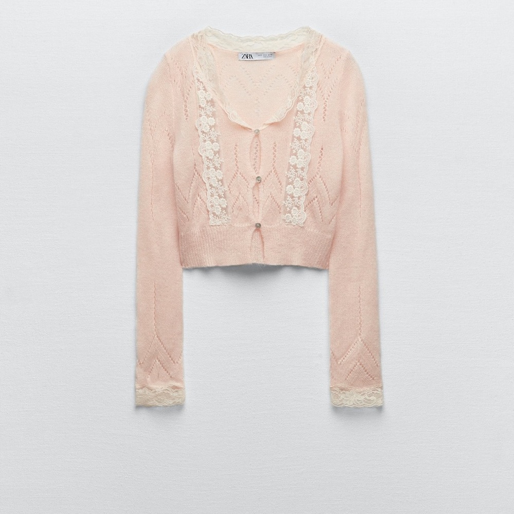 Zara Pink Lace-Trim Cropped Knit Cardigan